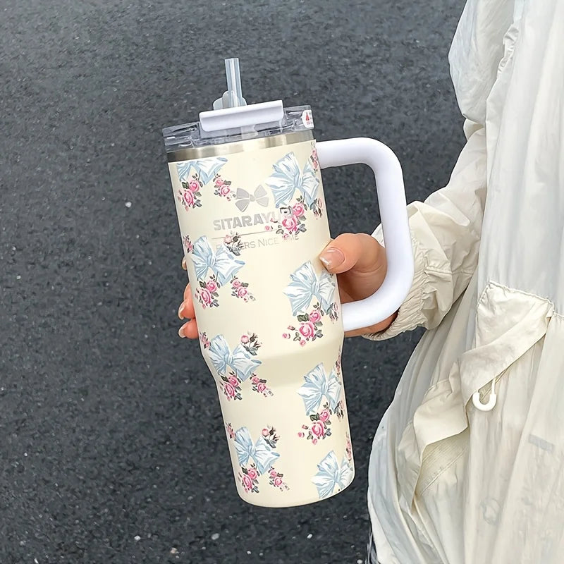 1pc 900ml Floral Print Stainless Steel Vacuum Insulated Tumbler