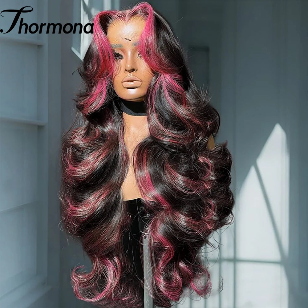 Pink Highlight Colored Lace Front Wig Synthetic Loose Wave