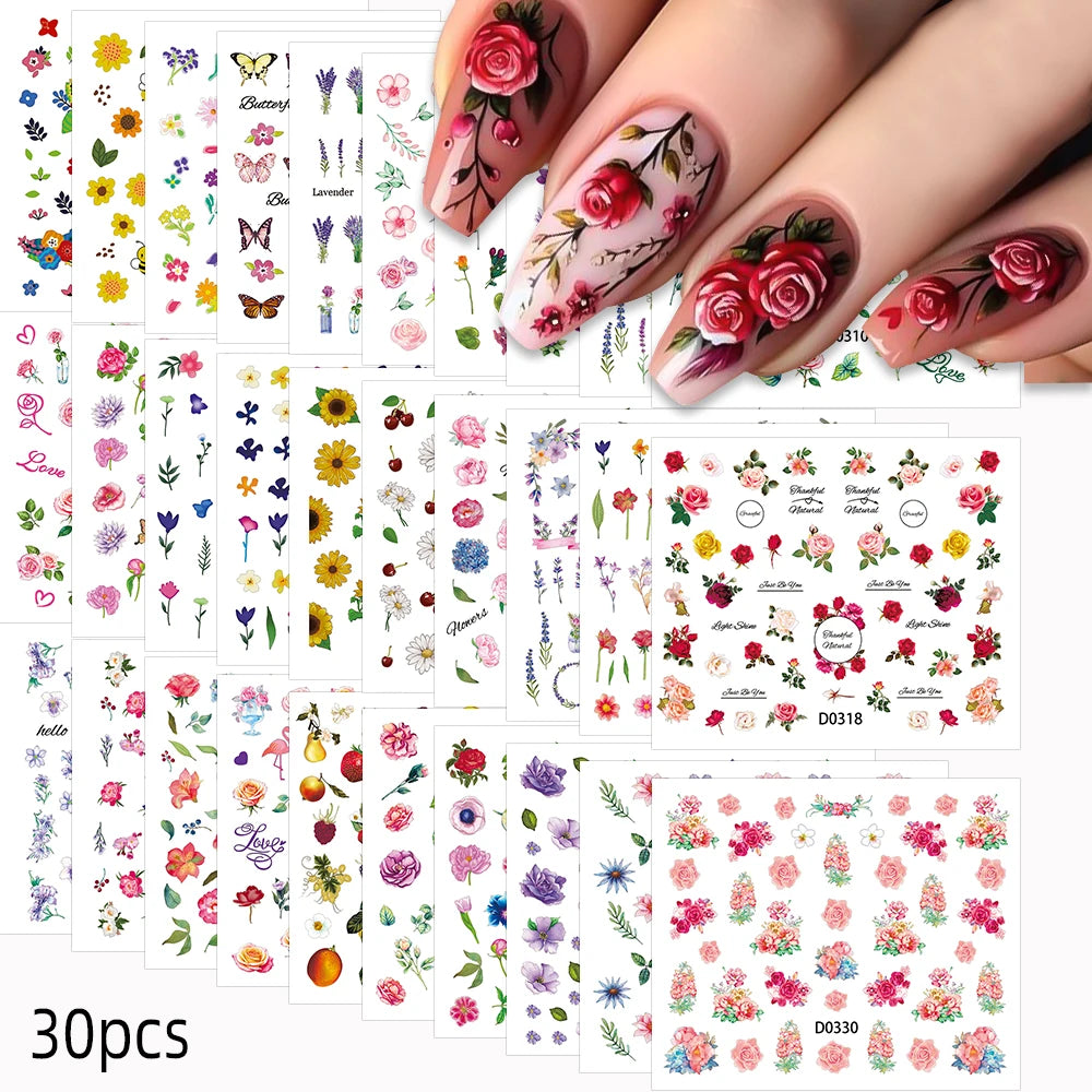3D Colorful Flowers Cherry Blossoms Rose Daisy Nail Decals 20/30/60/90pcs