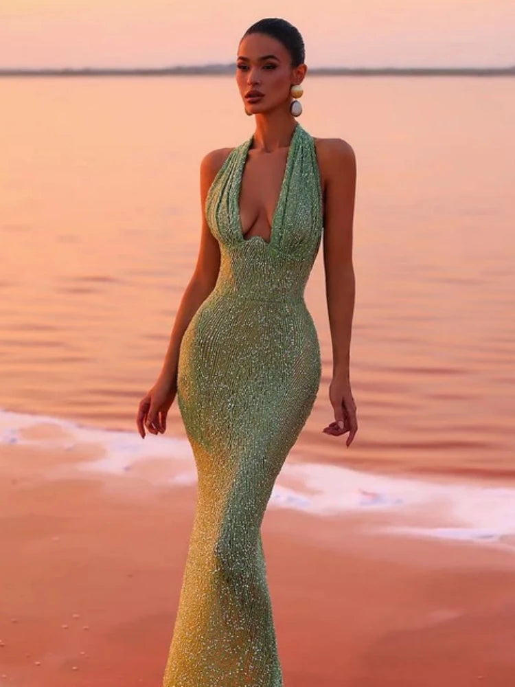 Sexy Halter Deep V Neck Dress