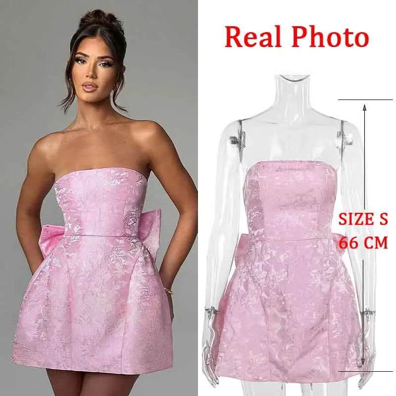 Strapless Jacquard Backless Bow Evening Party Dress