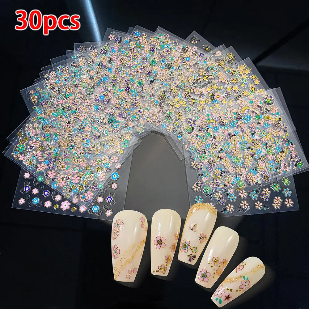 3D Colorful Flowers Cherry Blossoms Rose Daisy Nail Decals 20/30/60/90pcs