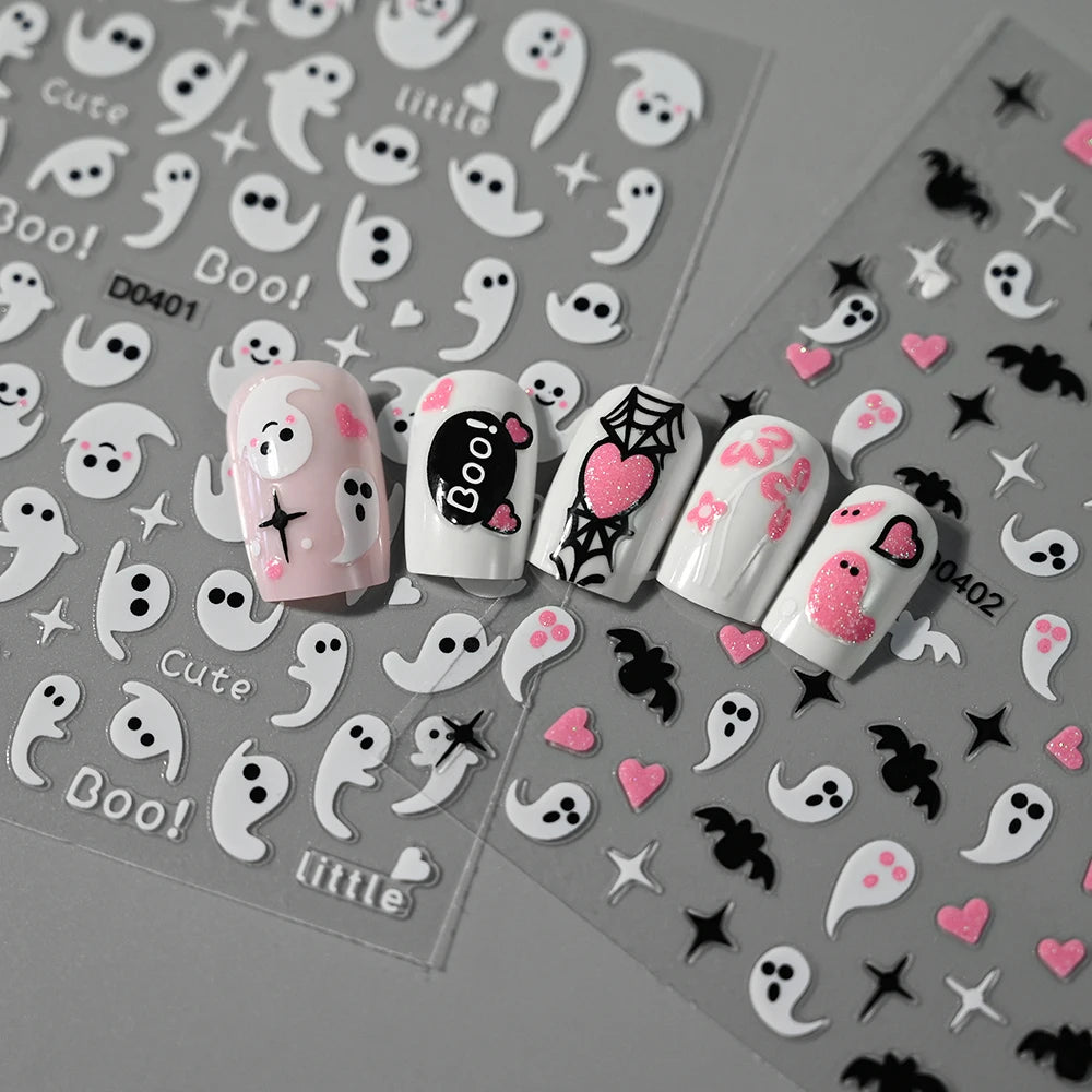 6pcs Pink White Glitter Halloween Nail Stickers 3D