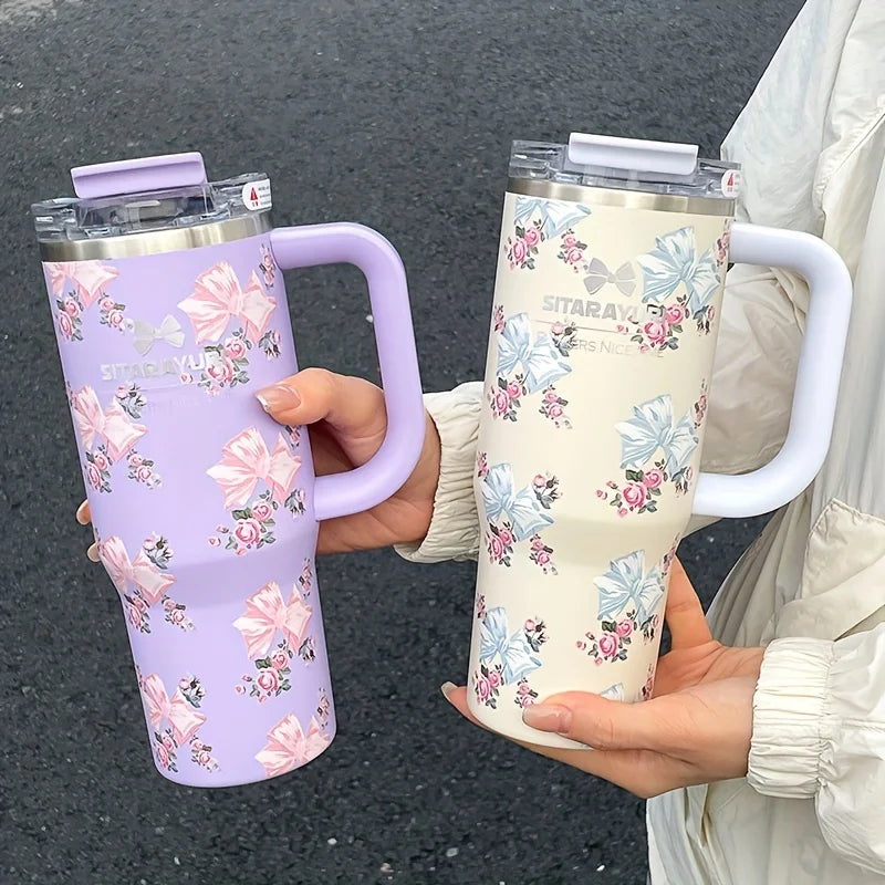 1pc 900ml Floral Print Stainless Steel Vacuum Insulated Tumbler