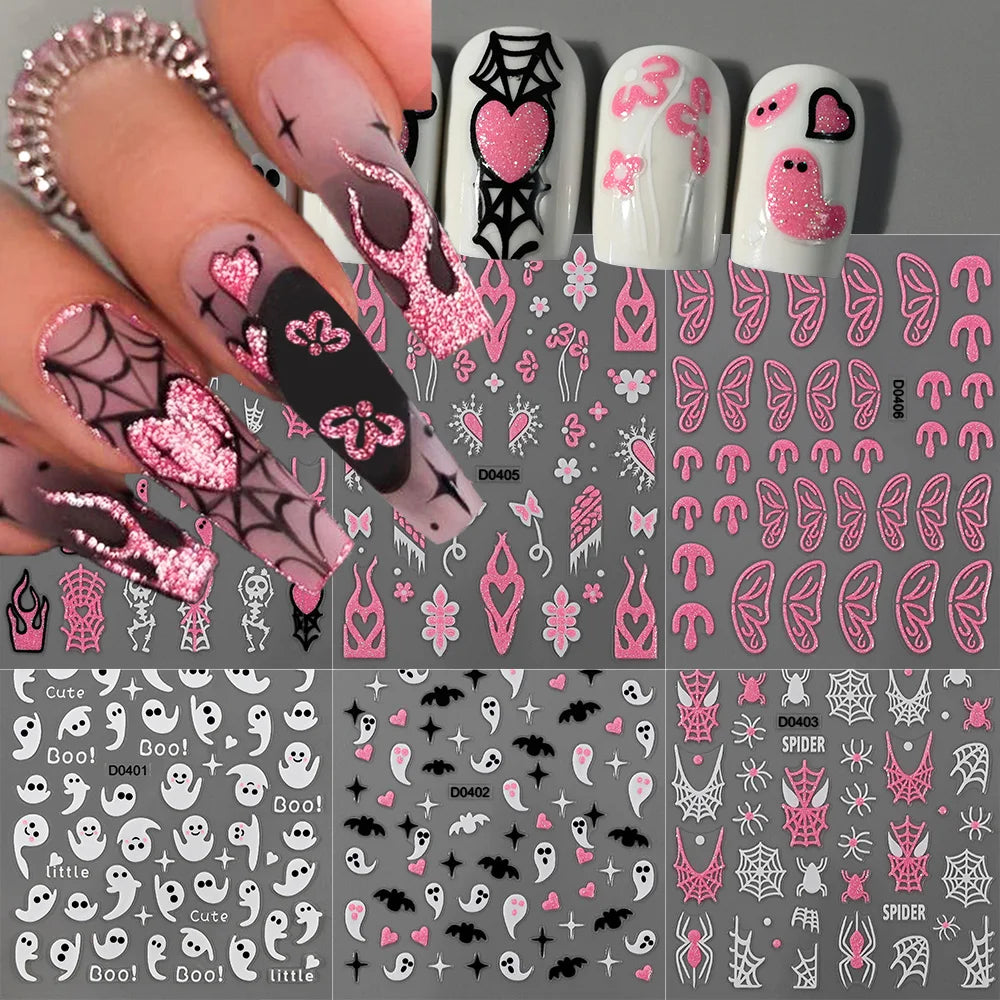6pcs Pink White Glitter Halloween Nail Stickers 3D