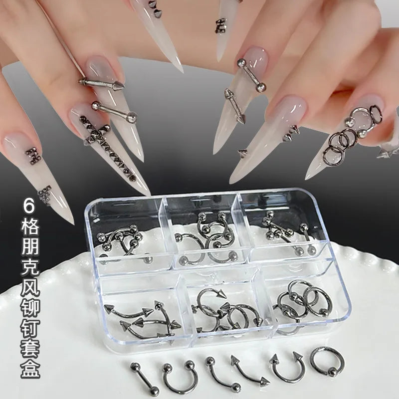 6Grids 3D Black Silver Punk Nail Studs