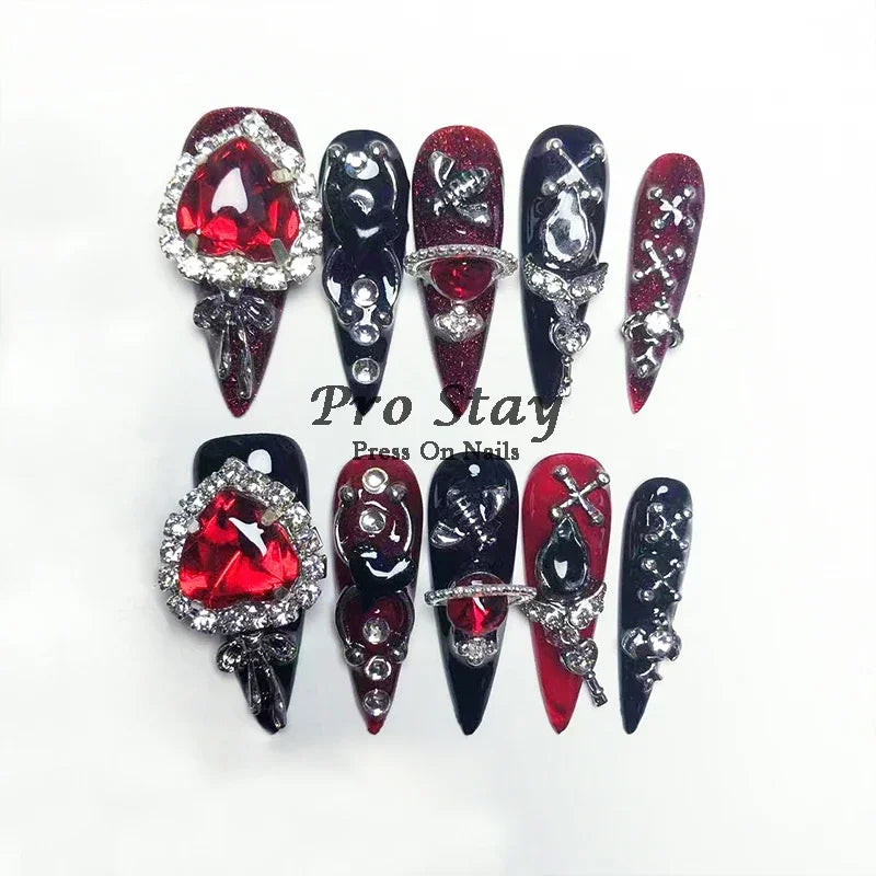 10pcs black Handmade Press On Nails Metal Decoration Y2k