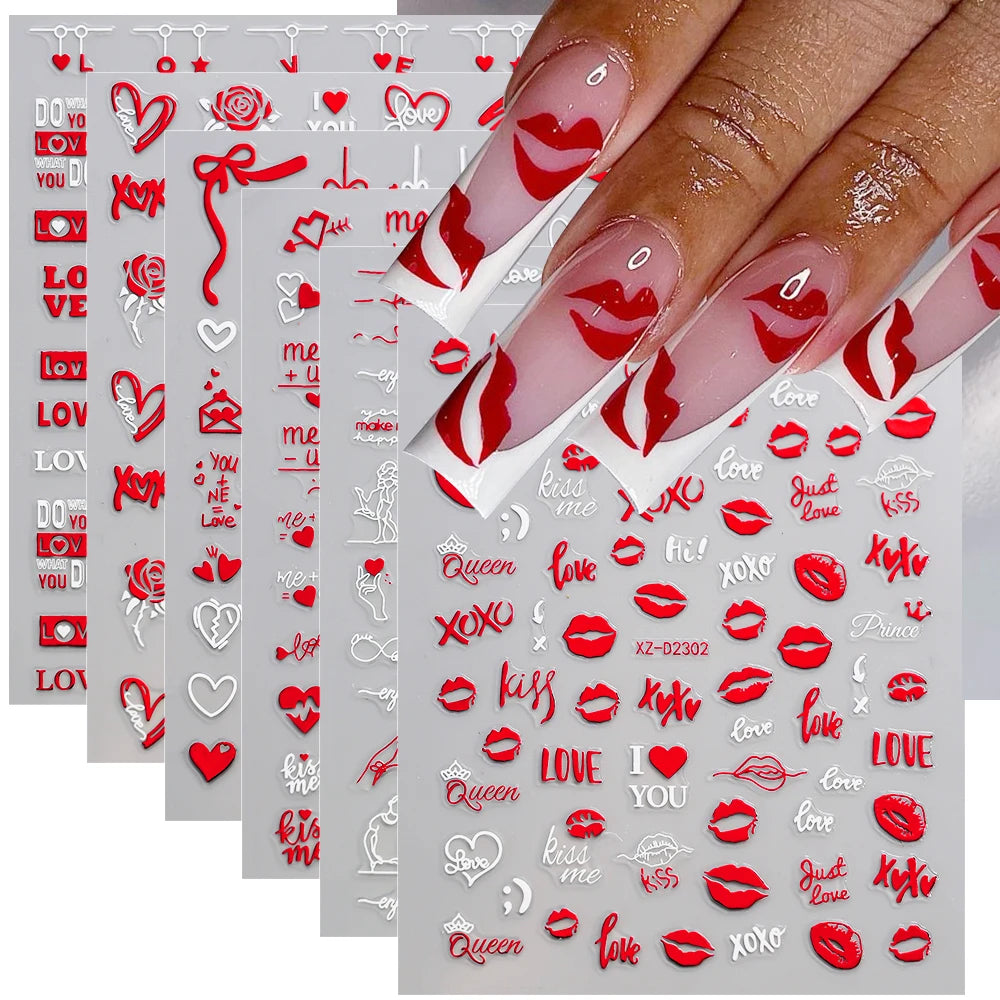 12pcs Red Heart Valentine Nail Stickers Set