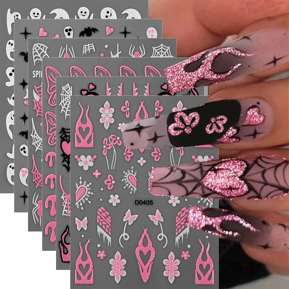 6pcs Pink White Glitter Halloween Nail Stickers 3D