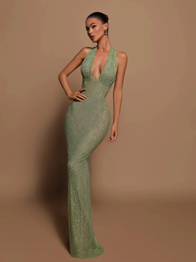 Sexy Halter Deep V Neck Dress