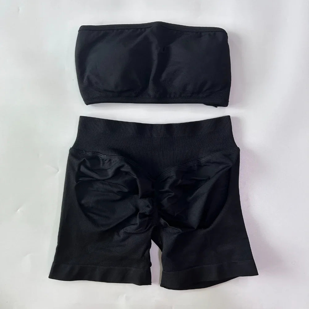 2 Pieces Yoga Set Backless Bandeau Scrunch Shorts