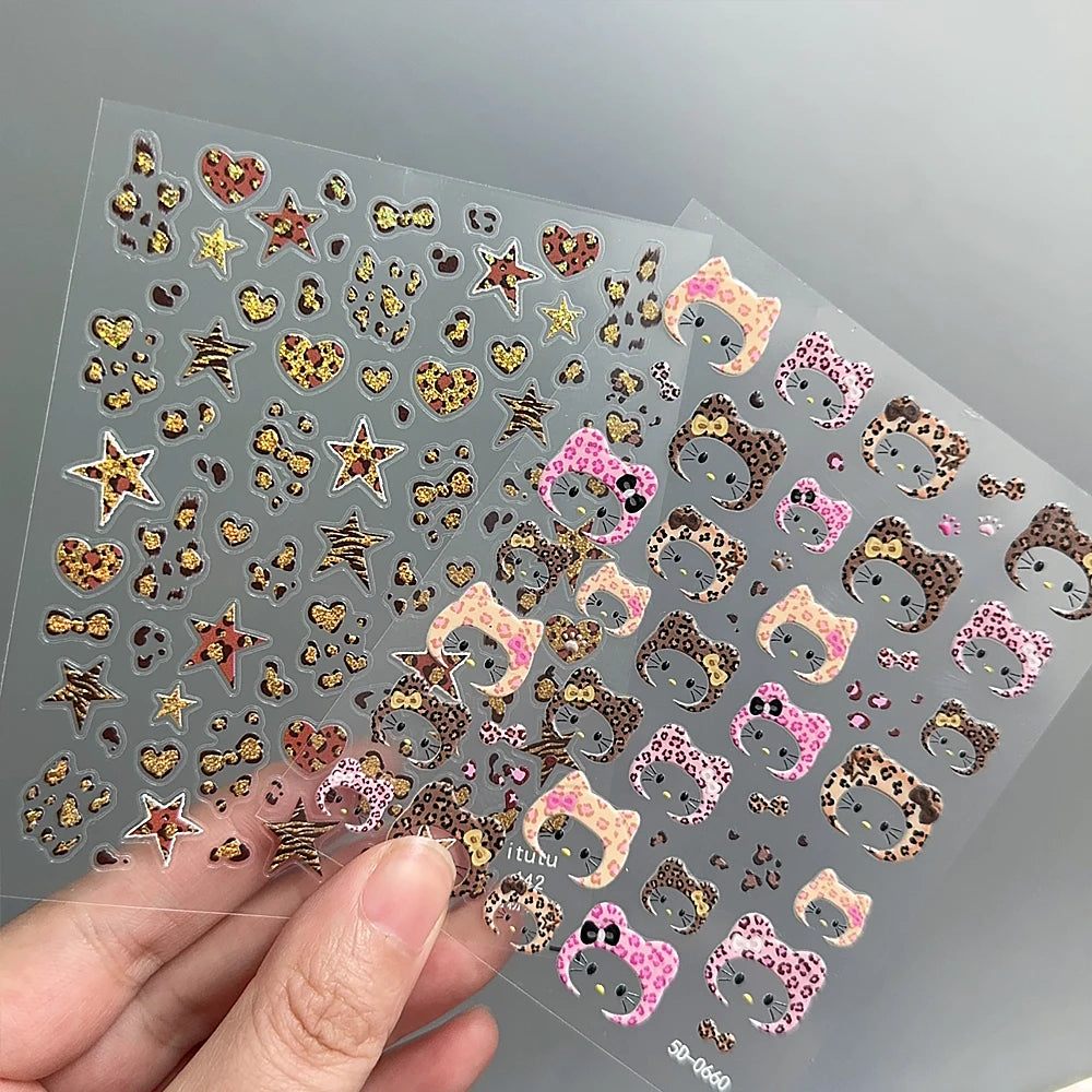 2pcs 5D Cute Leopard Print Kitty Head Nail Decal