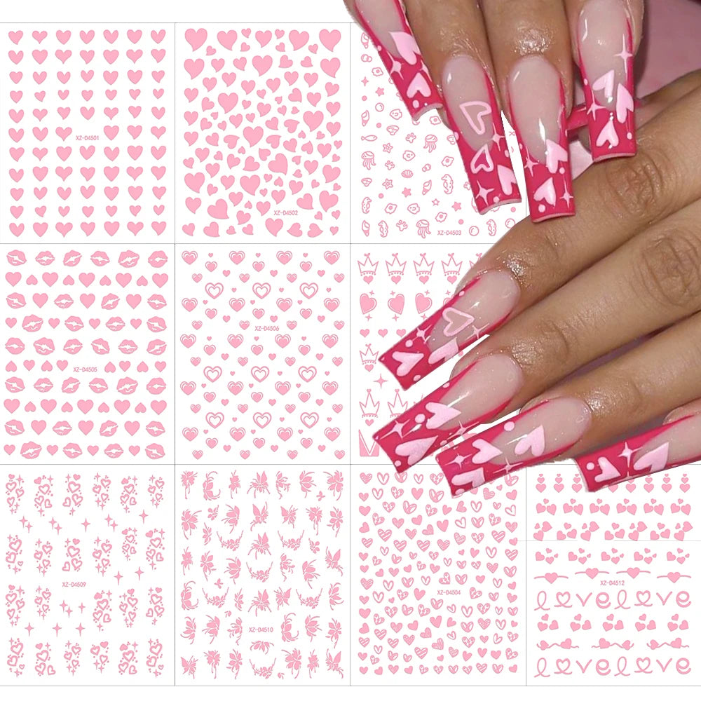 12pcs Red Heart Valentine Nail Stickers Set