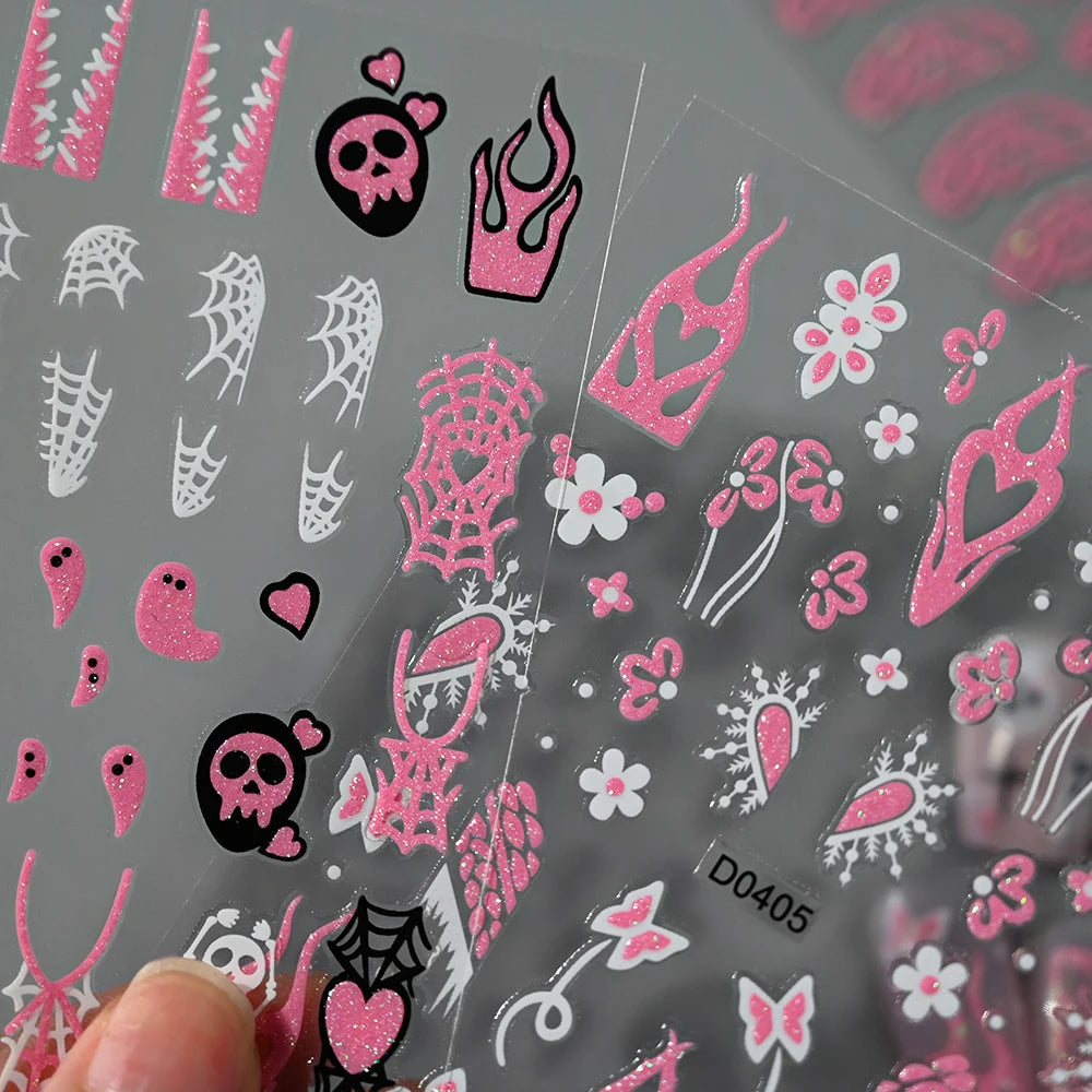6pcs Pink White Glitter Halloween Nail Stickers 3D
