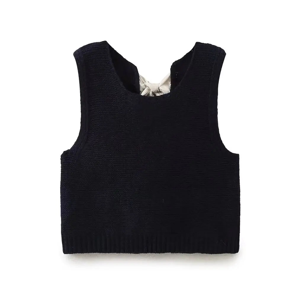 Sleeveless Back Bow Tied Design Short Knitting Vest