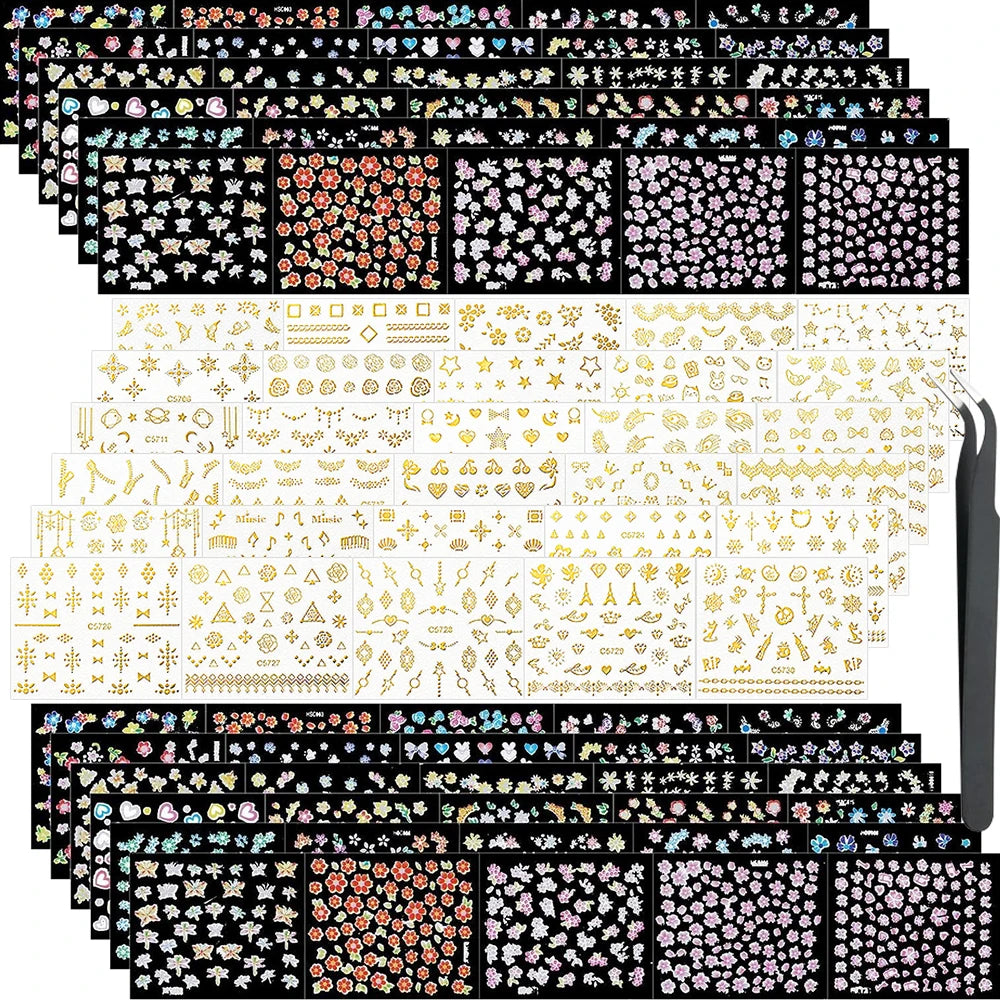 3D Colorful Flowers Cherry Blossoms Rose Daisy Nail Decals 20/30/60/90pcs