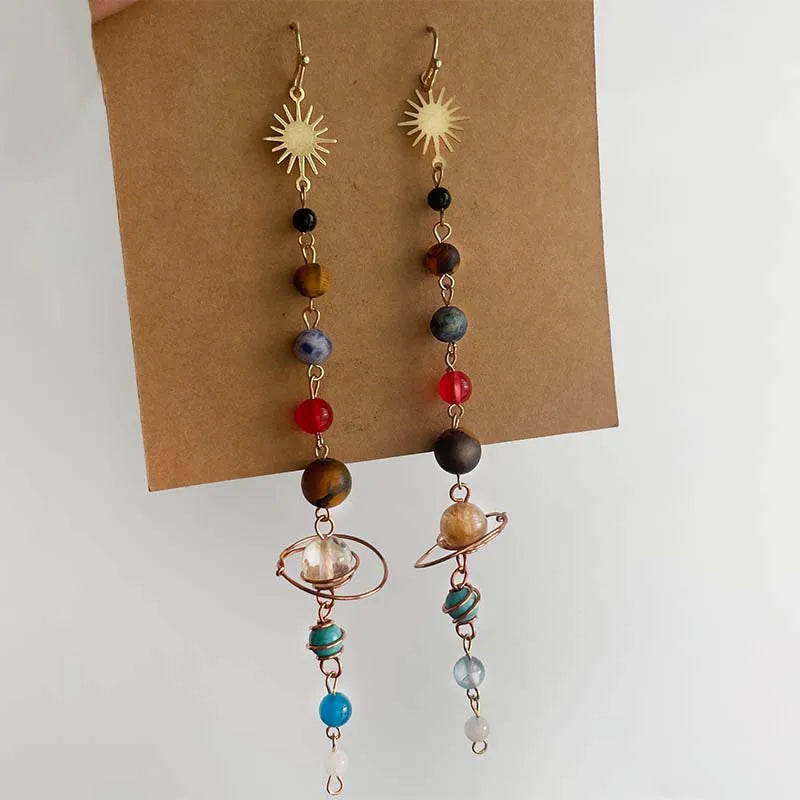 Handmade Crystal Earth Saturn Cosmic Sun Earrings