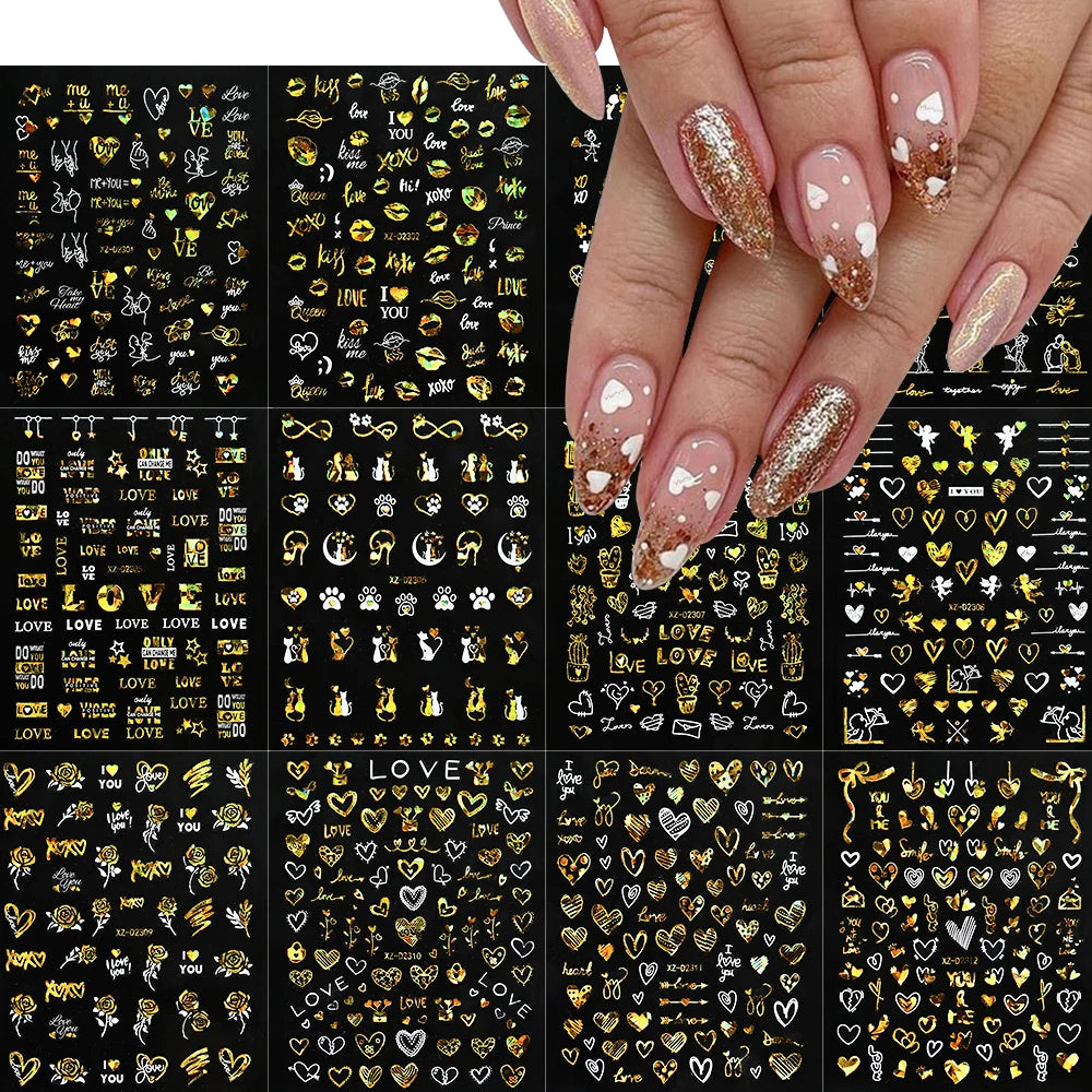 12pcs Red Heart Valentine Nail Stickers Set