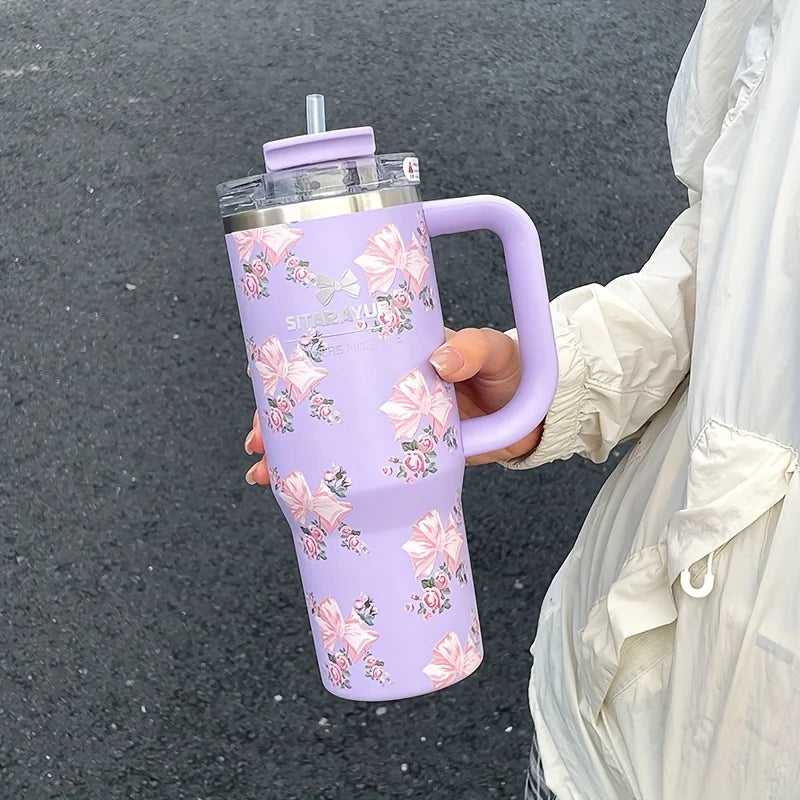 1pc 900ml Floral Print Stainless Steel Vacuum Insulated Tumbler