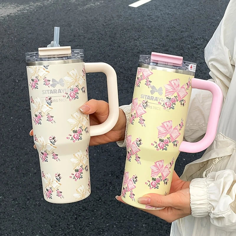 1pc 900ml Floral Print Stainless Steel Vacuum Insulated Tumbler