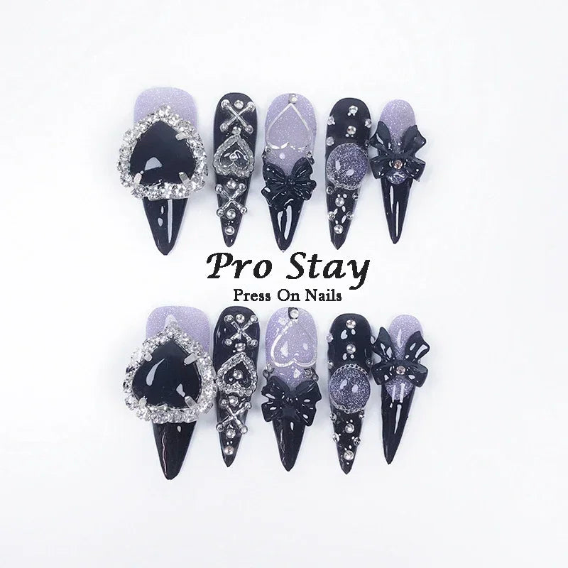 10pcs black Handmade Press On Nails Metal Decoration Y2k