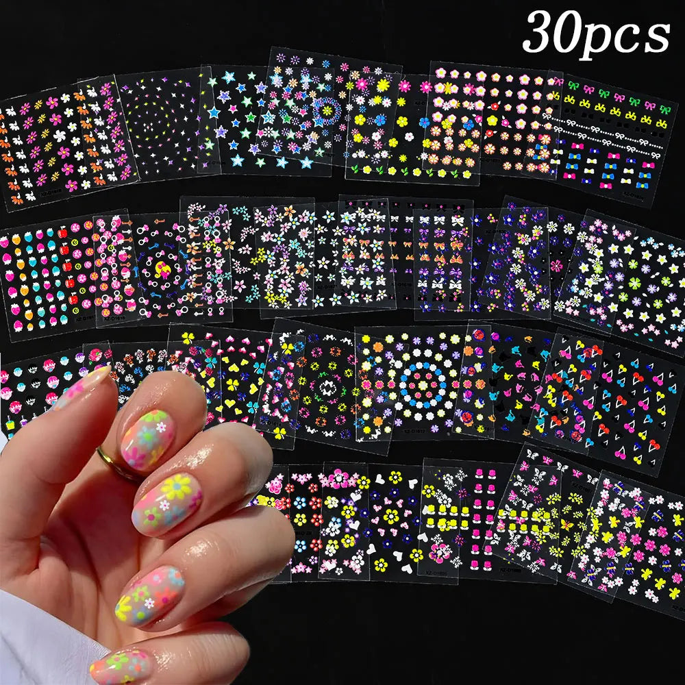 3D Colorful Flowers Cherry Blossoms Rose Daisy Nail Decals 20/30/60/90pcs
