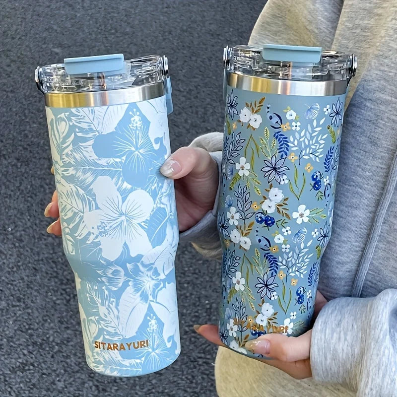 1pc lightweight luxury floral stainless steel thermos flask 900ML