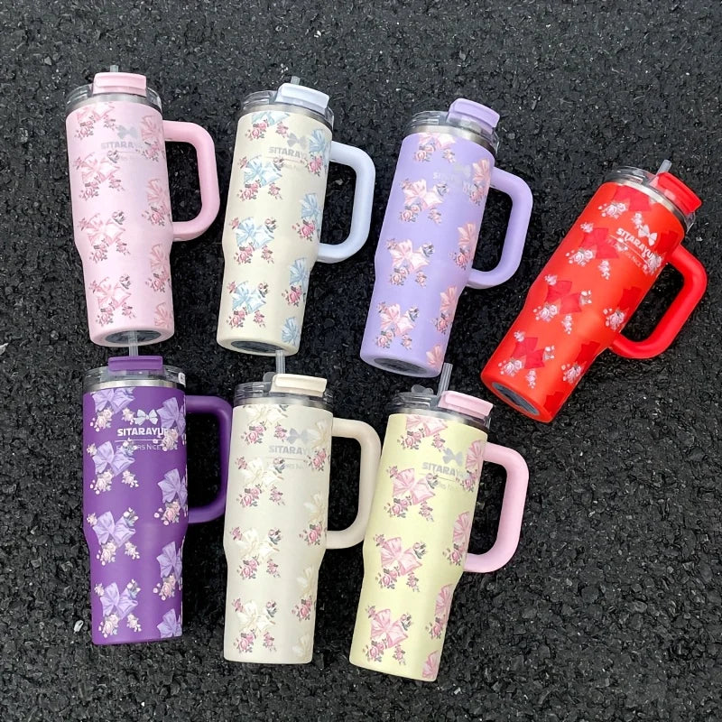 1pc 900ml Floral Print Stainless Steel Vacuum Insulated Tumbler