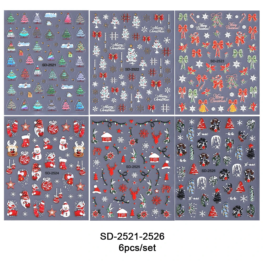 6pcs Christmas Nails Art Stickers 5D Embossed