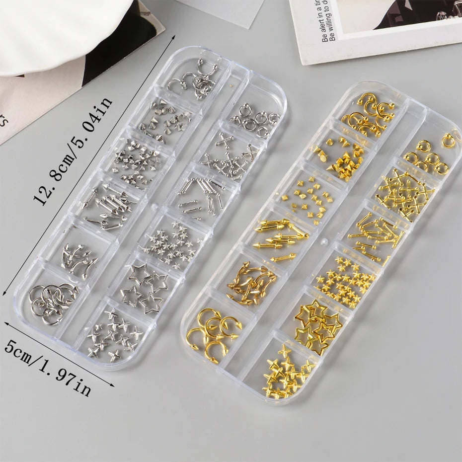 12 Grids Punk Metal Rivets Pierced Style Nail Charms Y2K