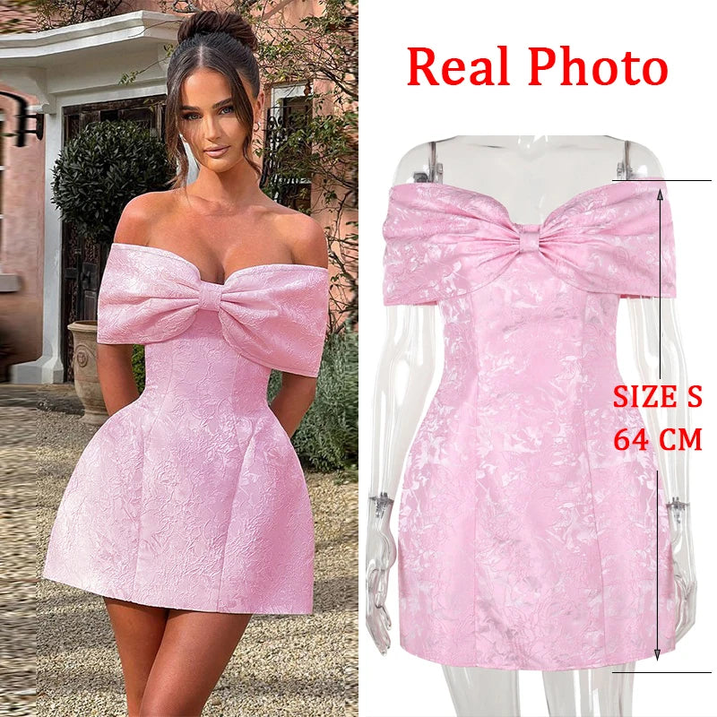 Strapless Jacquard Backless Bow Evening Party Dress