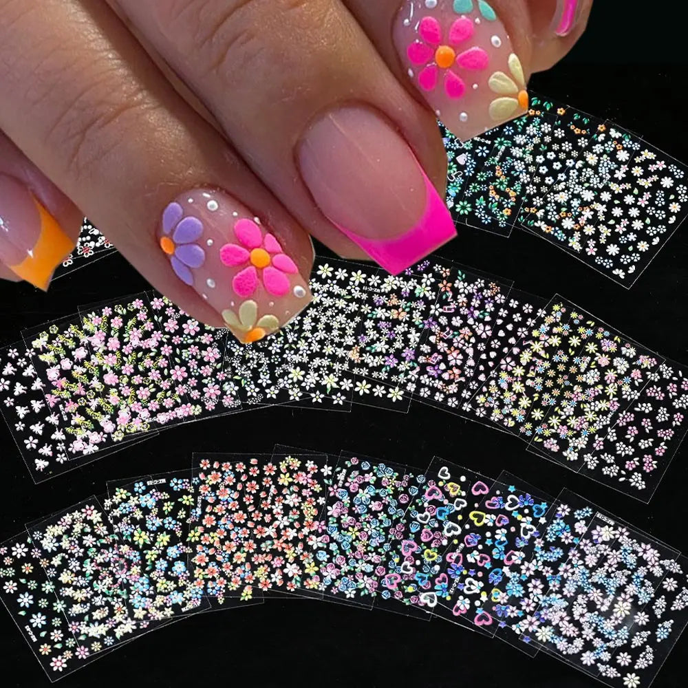 3D Colorful Flowers Cherry Blossoms Rose Daisy Nail Decals 20/30/60/90pcs