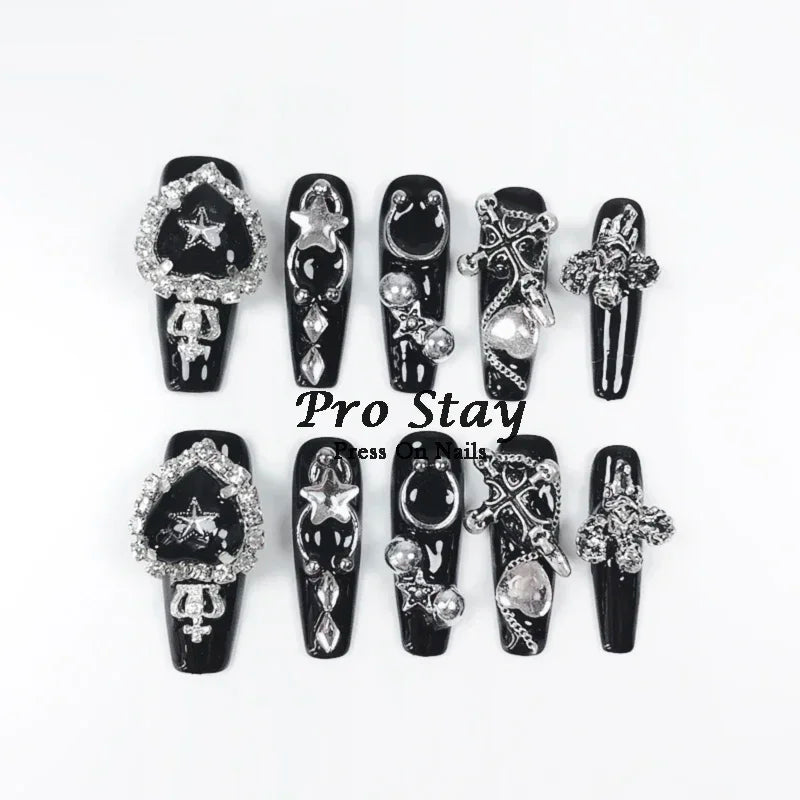 10pcs black Handmade Press On Nails Metal Decoration Y2k