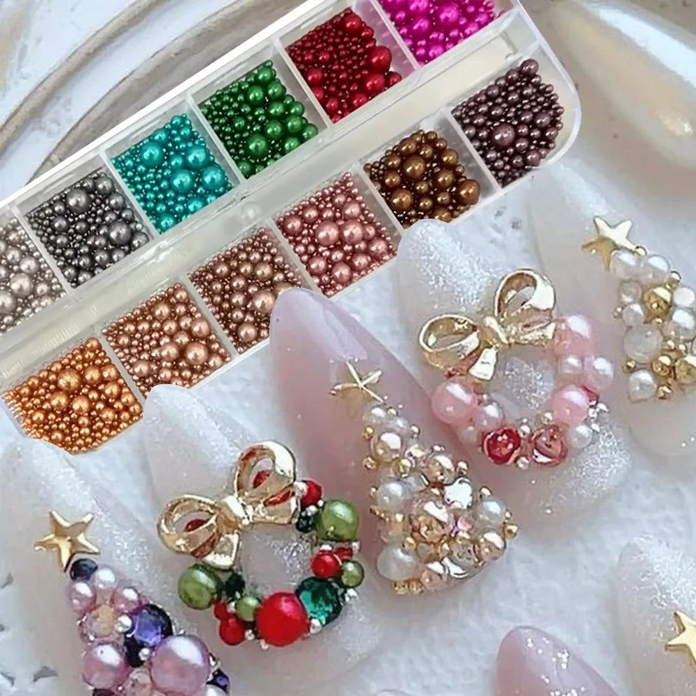 12 colors Mix Size Nail Pearls Rhinestones