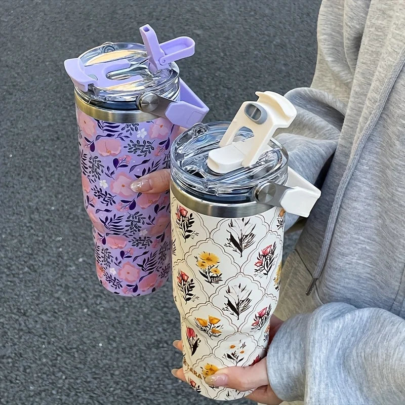 1pc lightweight luxury floral stainless steel thermos flask 900ML