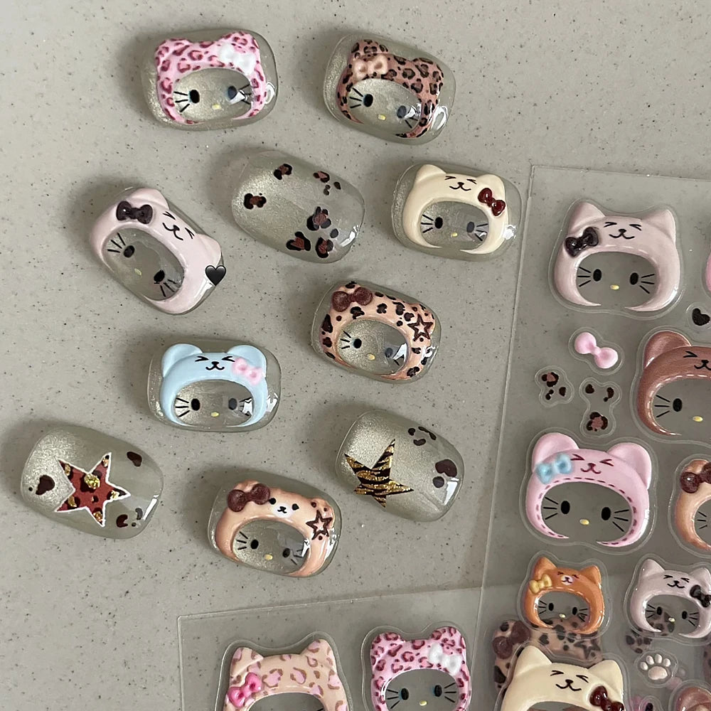 2pcs 5D Cute Leopard Print Kitty Head Nail Decal