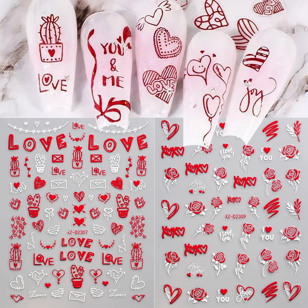 12pcs Red Heart Valentine Nail Stickers Set