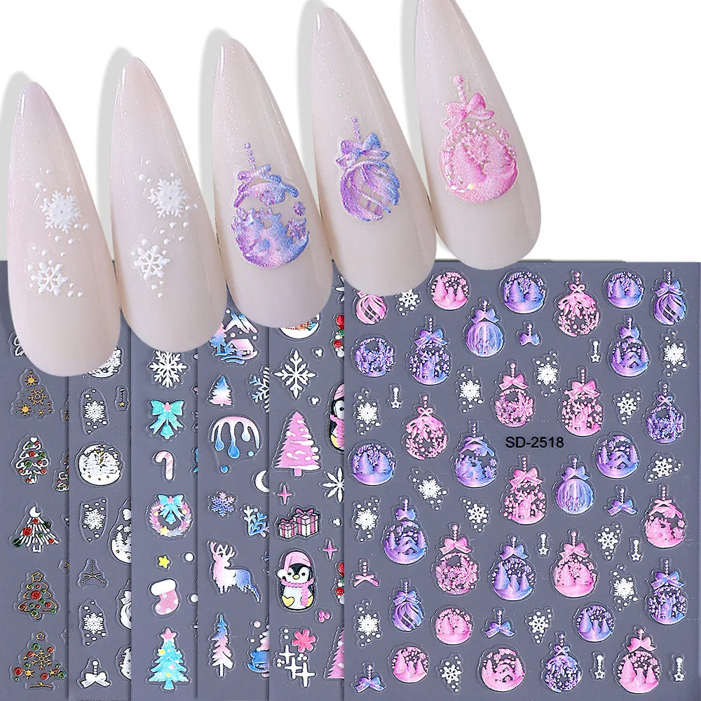 6pcs Christmas Nails Art Stickers 5D Embossed