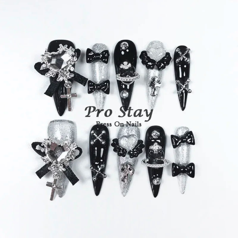 10pcs black Handmade Press On Nails Metal Decoration Y2k