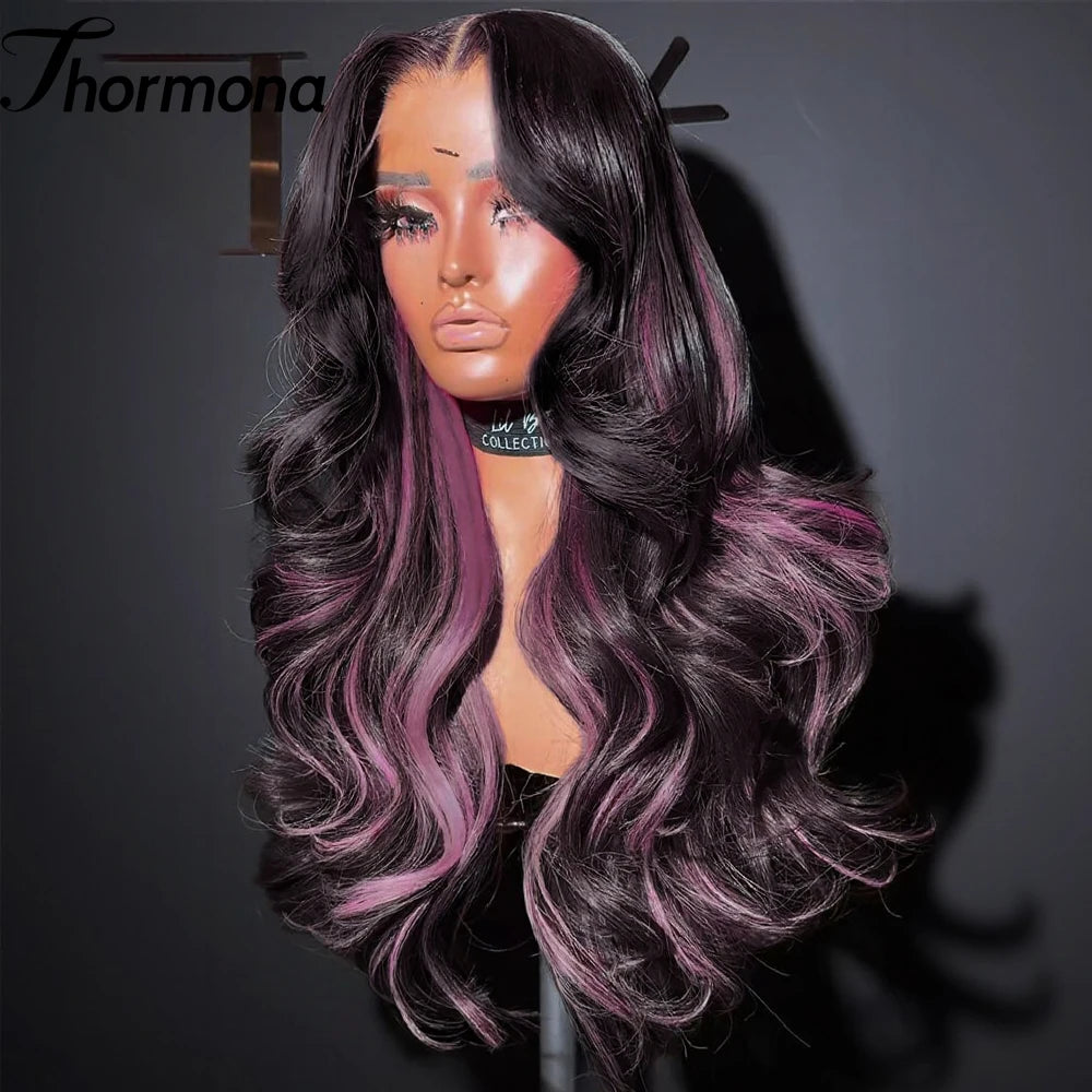 Pink Highlight Colored Lace Front Wig Synthetic Loose Wave