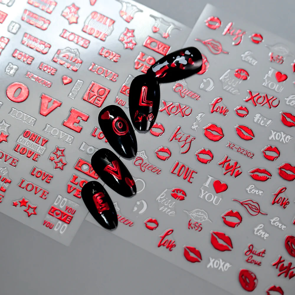 12pcs Red Heart Valentine Nail Stickers Set