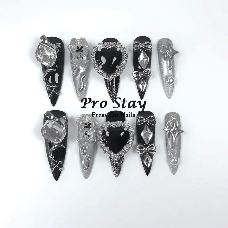 10pcs black Handmade Press On Nails Metal Decoration Y2k