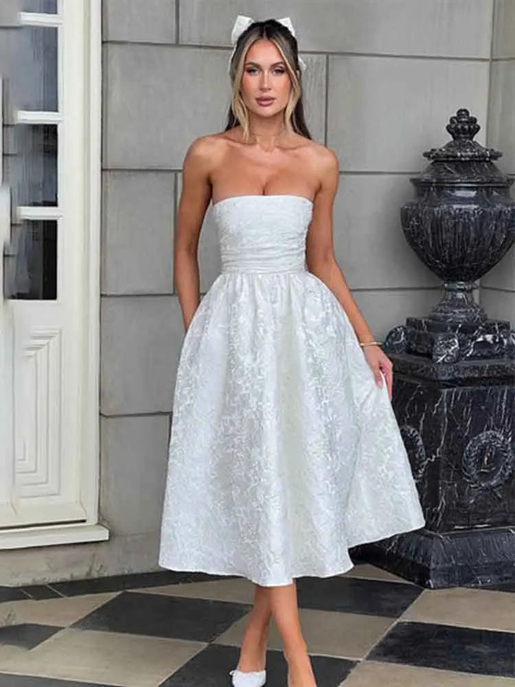 Strapless Jacquard Backless Bow Evening Party Dress