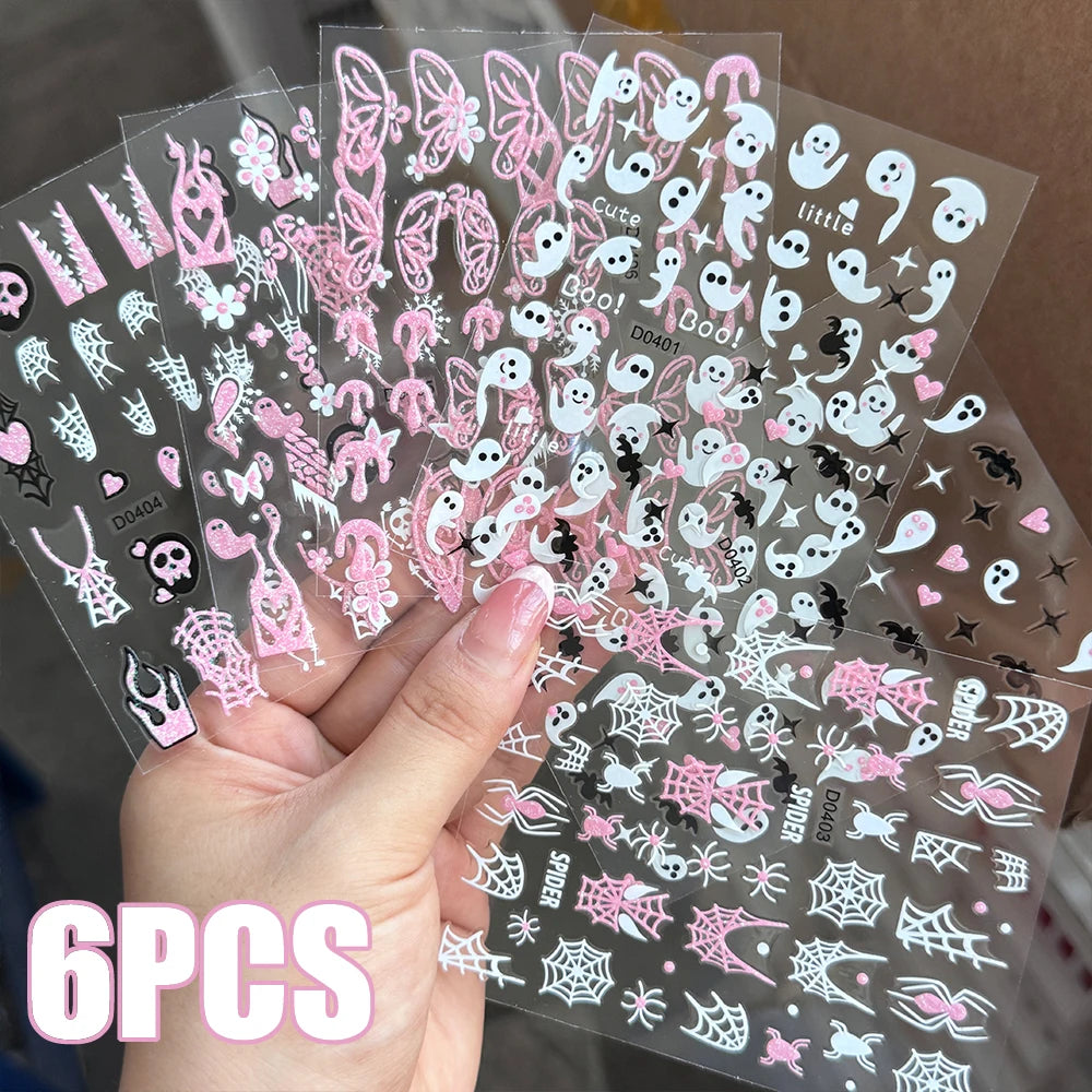 6pcs Pink White Glitter Halloween Nail Stickers 3D