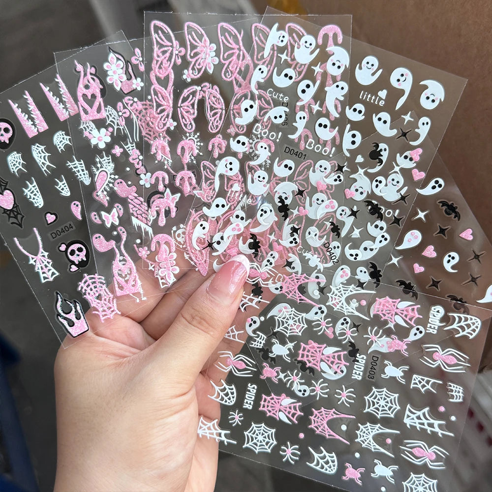 6pcs Pink White Glitter Halloween Nail Stickers 3D