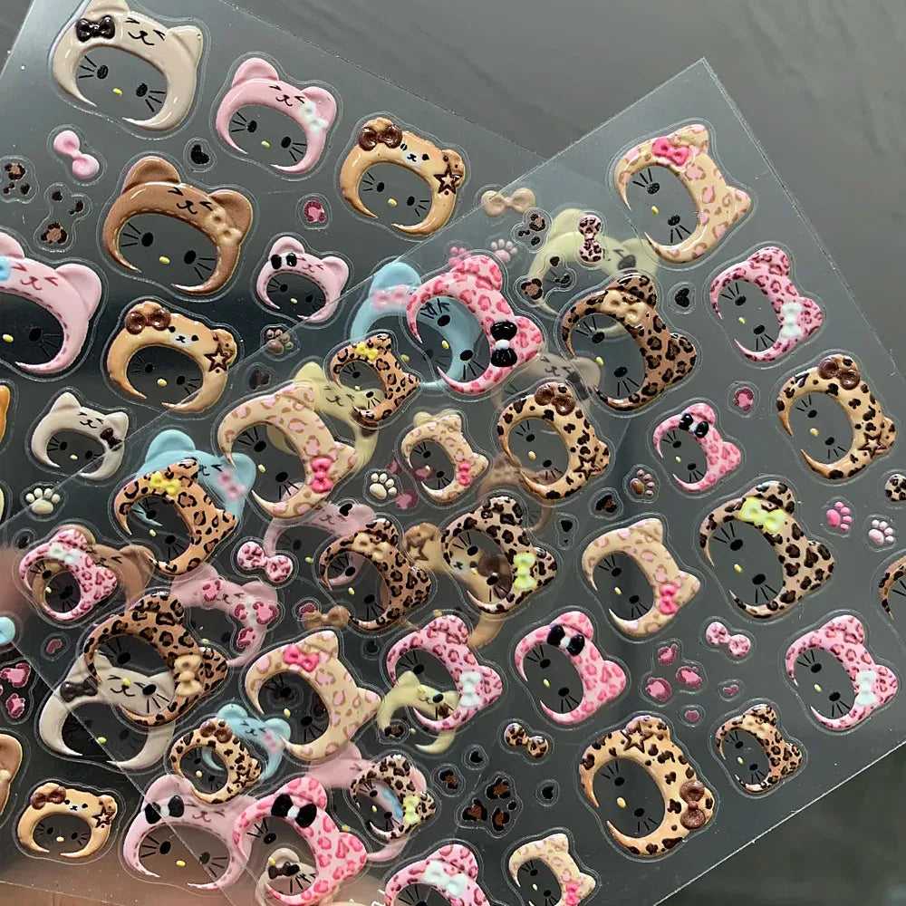 2pcs 5D Cute Leopard Print Kitty Head Nail Decal