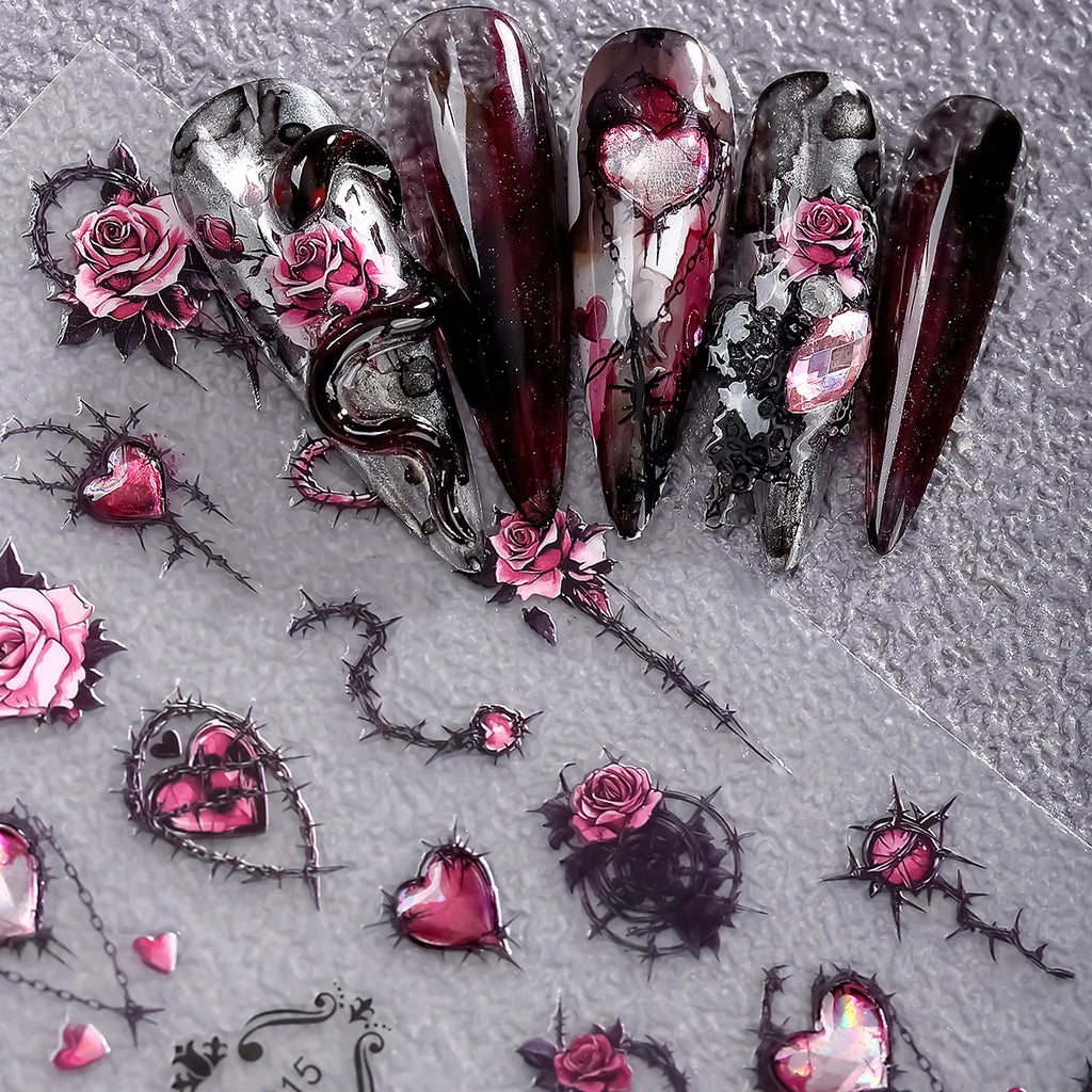 2pcs 5D Pink Red Gothic Nail Art Stickers