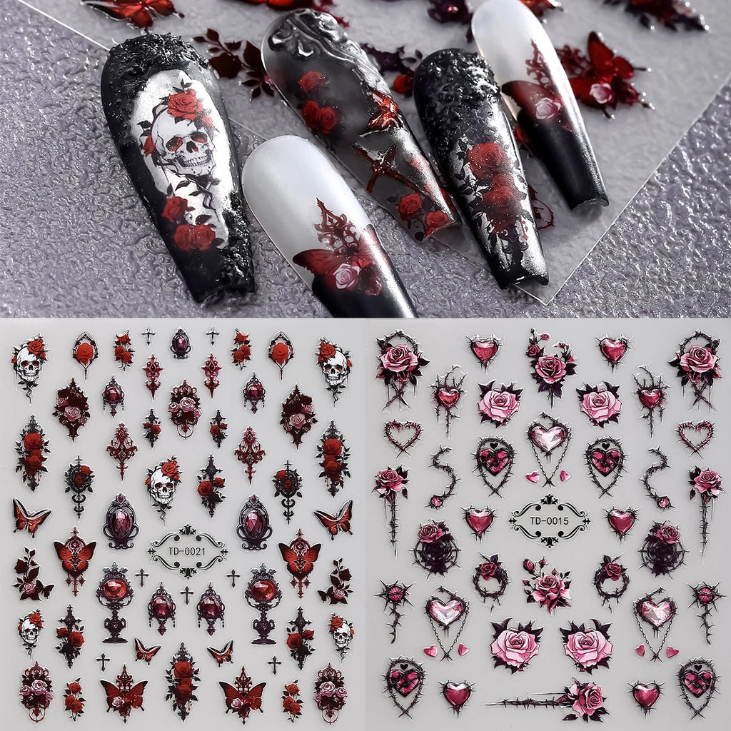 2pcs 5D Pink Red Gothic Nail Art Stickers