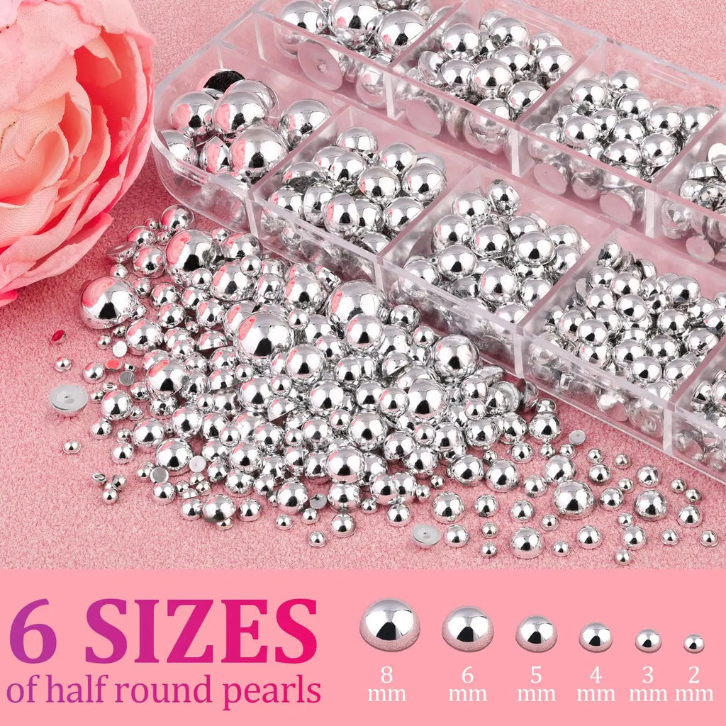 12Grid Shiny Silver Half Round Metal Caviar Charms 2/3/4/5/6/8mm Flatback