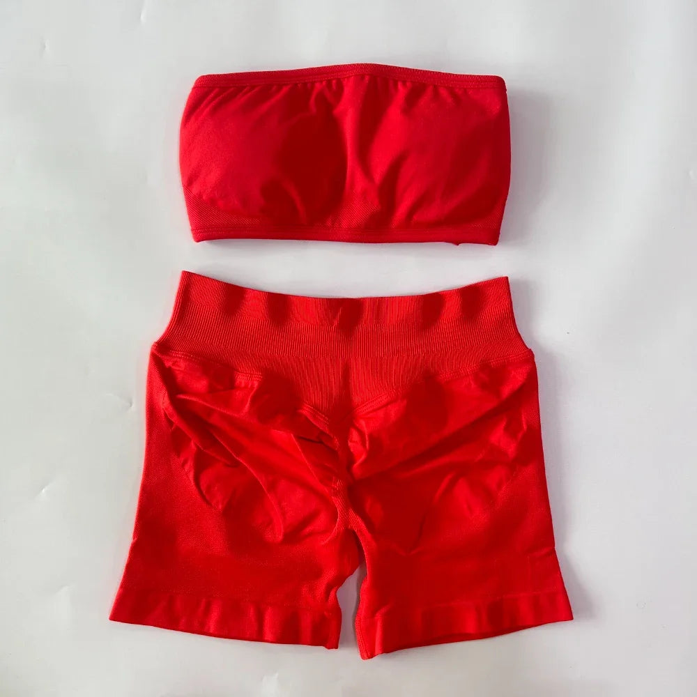 2 Pieces Yoga Set Backless Bandeau Scrunch Shorts